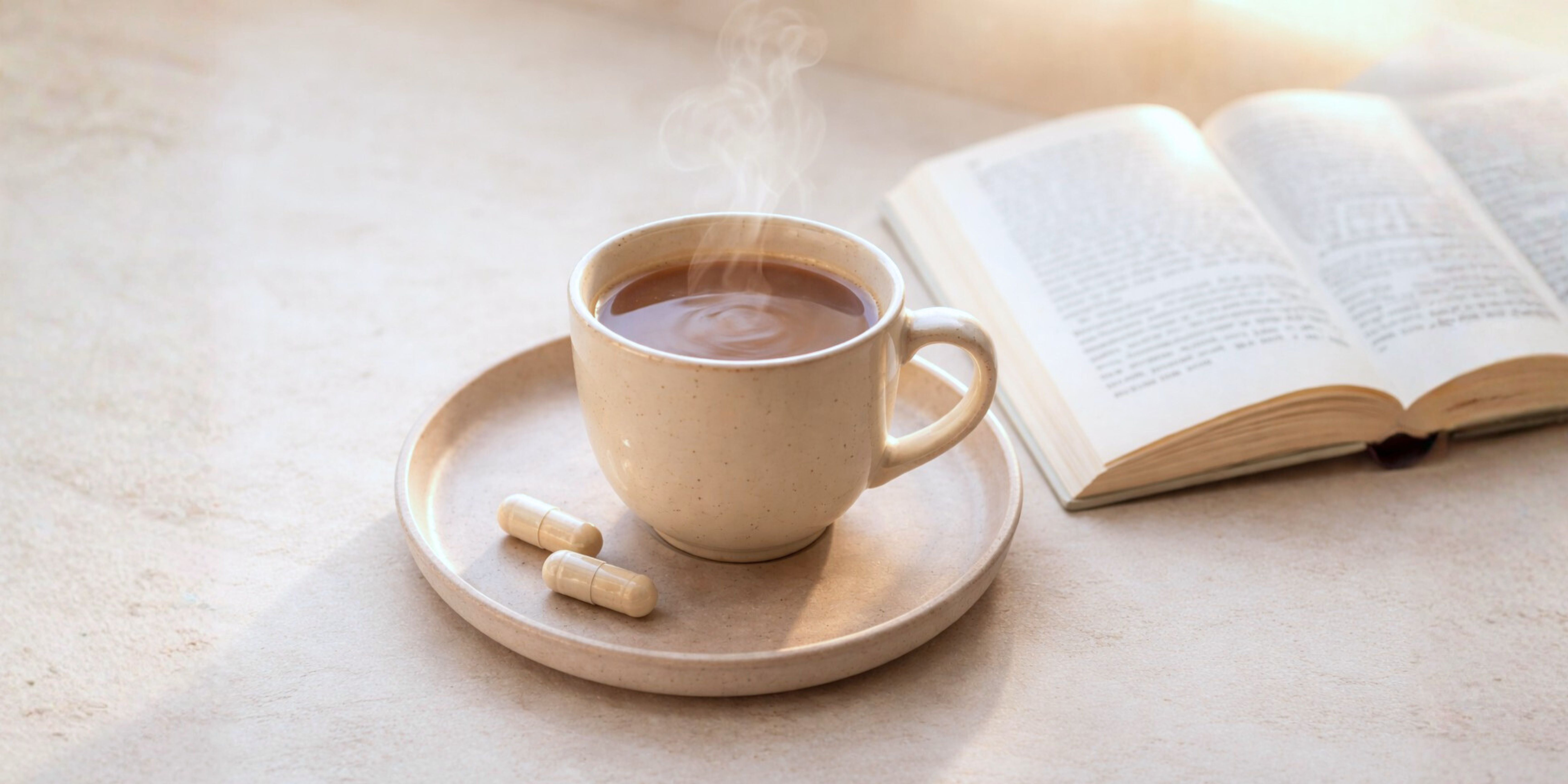 Eine Tasse mit Kakao und zwei Kapseln, und ein Buch auf beigem Tisch