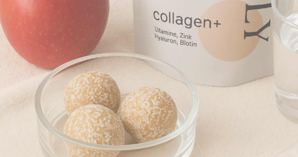 Kleine Kugeln in einer Schale auf einem Tisch, im Hintergrund ein Behälter mit der Aufschrift collagen+