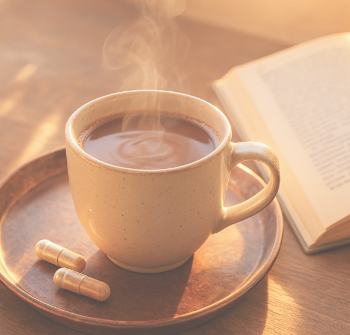 Tasse heißer Kakao auf einem Tisch, daneben Kapseln und ein offenes Buch