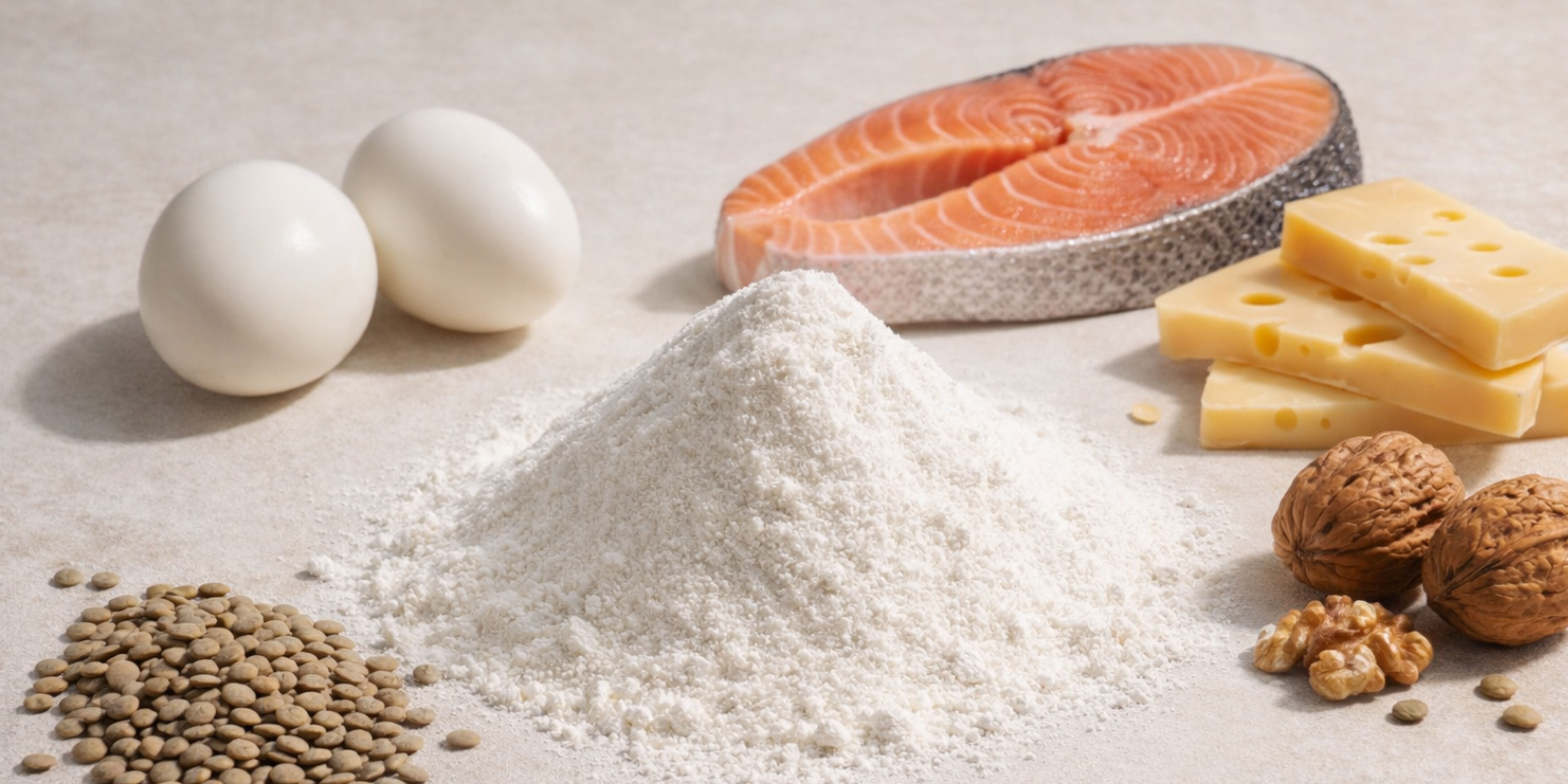 Lachs, Eier, Kaese, Nuesse, Linsen und Kollagenpulver