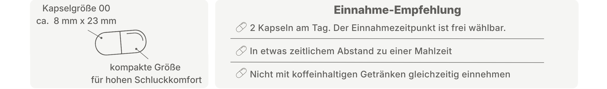 Infografik zur Einnahmeempfehlung für Kapseln mit Hinweis auf Kapselgröße 00, hohe Schluckfreundlichkeit sowie tägliche Einnahme von zwei Kapseln mit zeitlichem Abstand zu Mahlzeiten.
