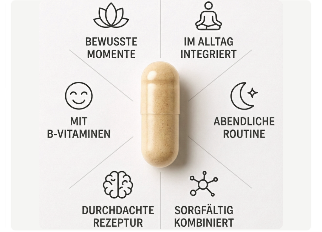Illustration einer Kapsel mit Symbolen für bewusste Momente, Integration im Alltag, abendliche Routine, B-Vitamine sowie eine durchdachte und sorgfältig kombinierte Rezeptur.
