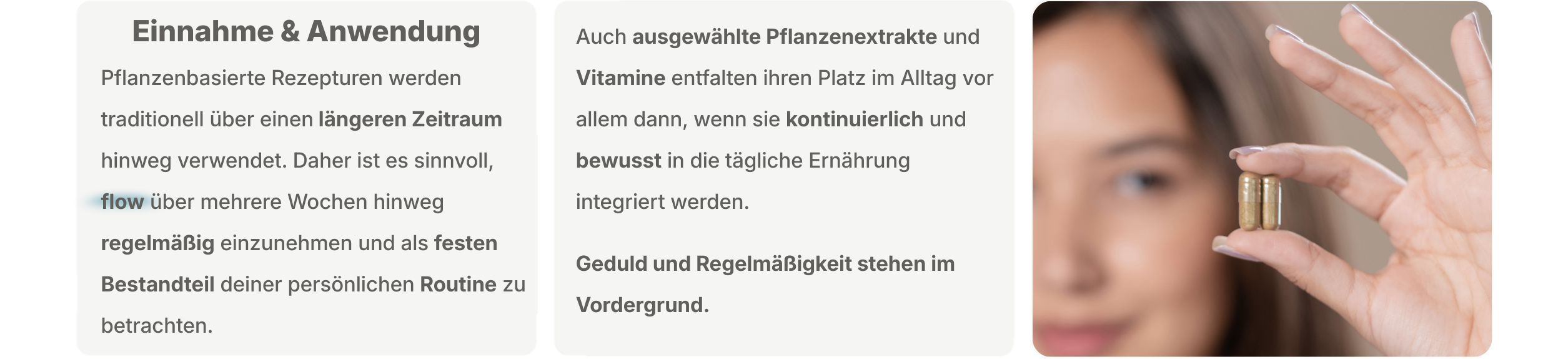 Text- und Bildbereich zur Einnahme und Anwendung von „flow“ mit Fokus auf regelmäßige, langfristige Integration in die tägliche Routine sowie Foto einer Person, die eine Kapsel zwischen den Fingern hält.
