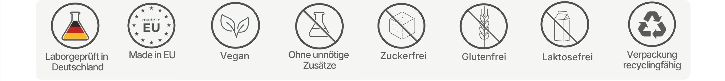 Icon-Leiste mit Produkteigenschaften: optimale Wirkstoffdosis, hohe Bioverfügbarkeit, vegan, ohne chemische Zusätze, zuckerfrei, glutenfrei, laktosefrei und non-GMO