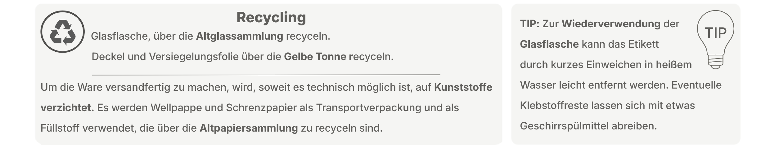 Recyclinghinweise für LOOLY balance und flow mit Glasflasche, Deckel und Verpackung sowie Tipp zur Wiederverwendung der Glasflasche
