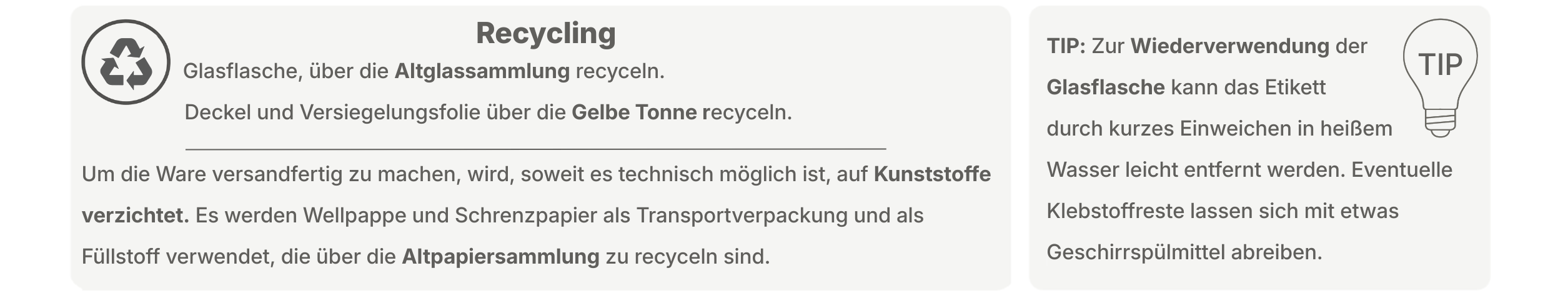 Recyclinghinweise für LOOLY balance mit Informationen zur Entsorgung von Glasflasche, Deckel und Verpackungsmaterial sowie Tipp zur Wiederverwendung der Glasflasche
