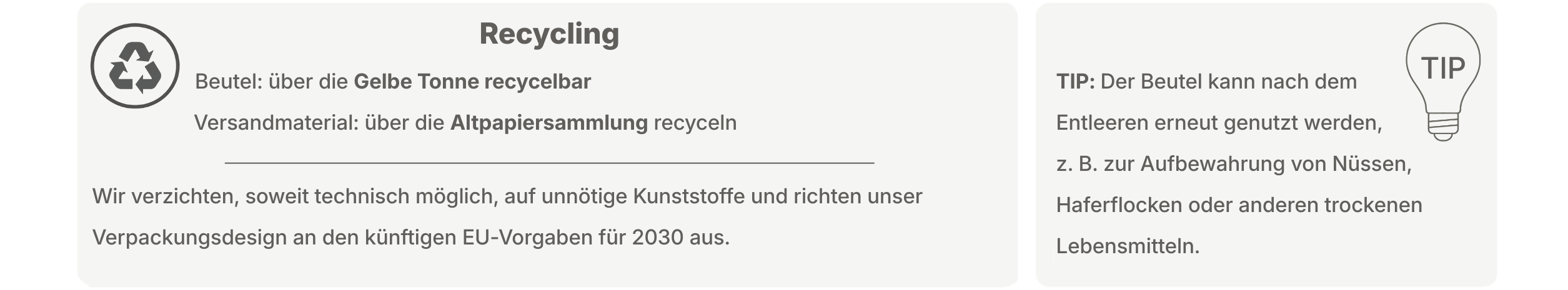 Infografik zu Recycling und Verpackung mit Hinweisen zur Entsorgung über Gelbe Tonne und Altpapier sowie Tipp zur Wiederverwendung des Beutels.
