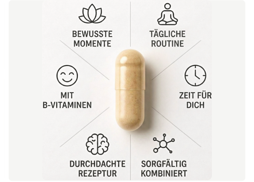 Symbole und Text, in der Mitte eine Kapsel gefuellt mit Pulver