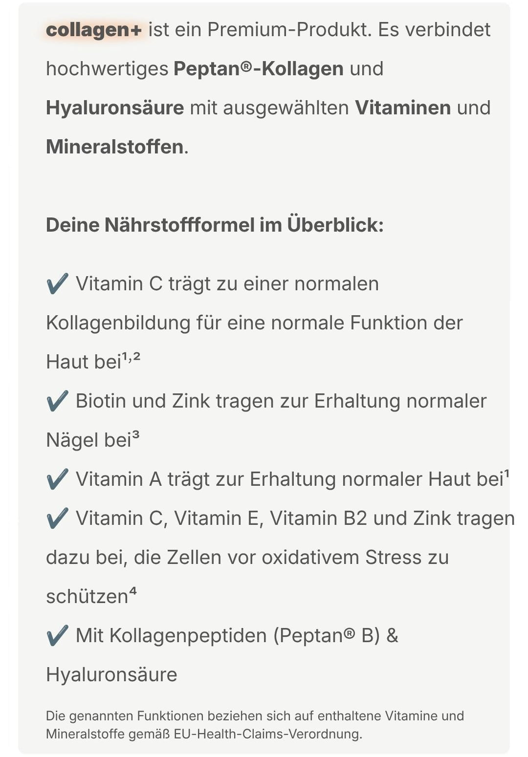 Information zur nährstoffbasierten Formel von collagen+ mit Symbolen für Haut, Haare, Nägel, Knochen und Kollagenbildung sowie einer zusammenfassenden Übersicht der enthaltenen Nährstoffe.